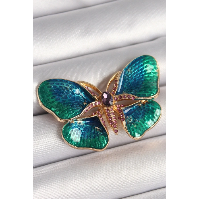 Erb Pirinç Gold Renk Turquaz Model Zirkon Taş Detaylı Kelebek Model Kadın Broş