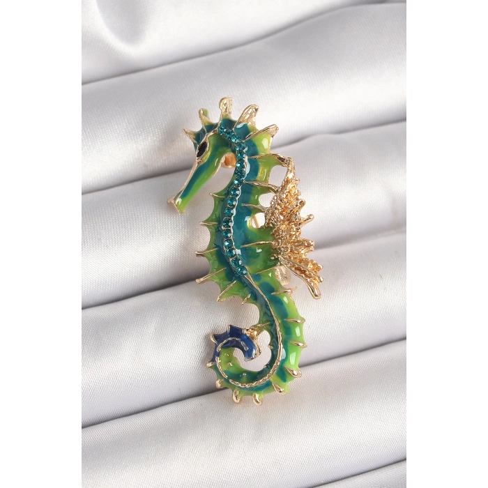 Erb Pirinç Gold Renk Yeşil Deniz Atı Model Zirkon Taş Detay Kadın Broş