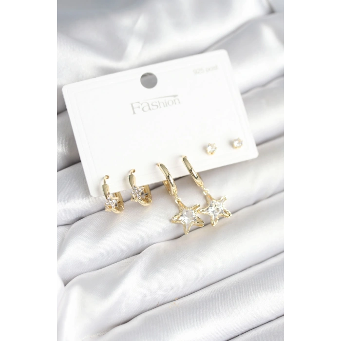 Erb Pirinç Gold Renk Yıldız Model 925 Gümüş Çivili Kadın Küpe Seti