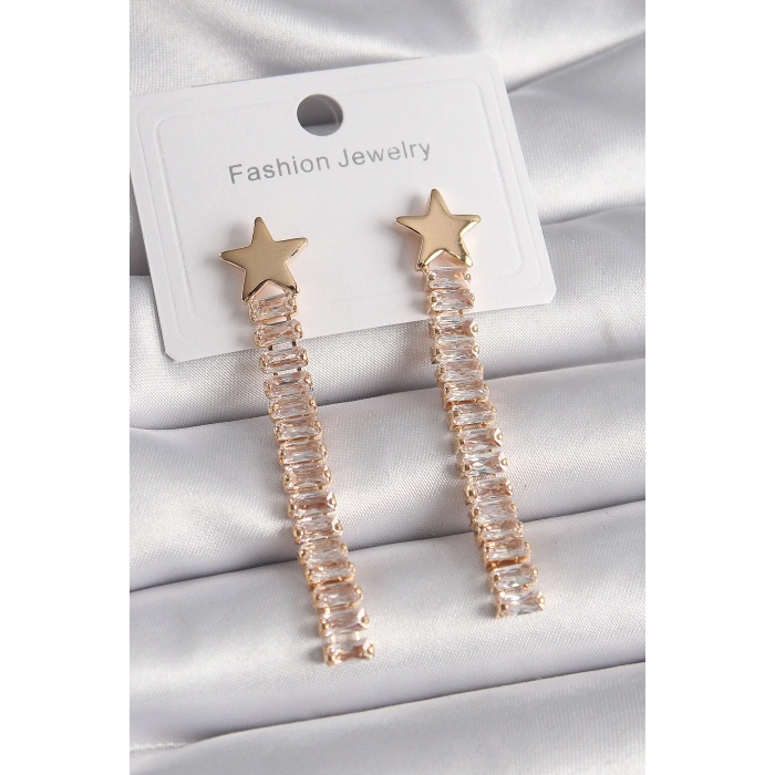 Erb Pirinç Gold Renk Yıldız Model Su Yolu Zirkon Taşlı Kadın Küpe