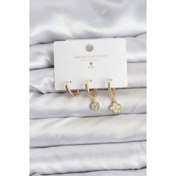 Erb Pirinç Gold Renk Yonca Model 3'lü Kadın Küpe Seti