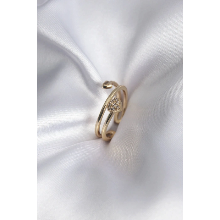 Erb Pirinç Gold Renk Zirkon Taş Detay Kalp Model Kadın Yüzük