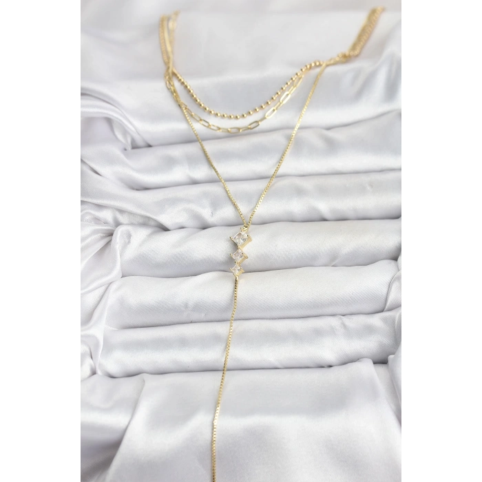 Erb Pirinç Gold Renk Zirkon Taş Detaylı 3'lü Kombin Y Kadın Kolye