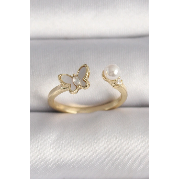Erb Pirinç Gold Renk Zirkon Taş Detaylı Beyaz Mineli Kelebek Model İnci Detay Ayarlanabilir Yüzük