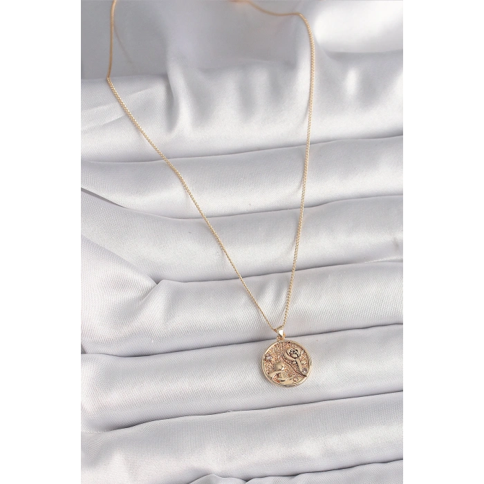 Erb Pirinç Gold Renk Zirkon Taş Detaylı Gül İşleme Madalyon Model Kadın Kolye
