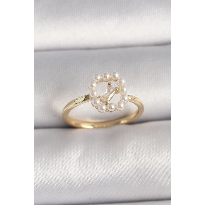 Erb Pirinç Gold Renk Zirkon Taş Detaylı İncili Ayarlanabilir Yüzük