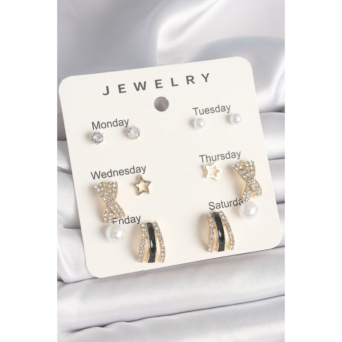 Erb Pirinç Gold Renk Zirkon Taş Yıldız Detaylı İncili 7'Li Set Kadın Küpe Seti