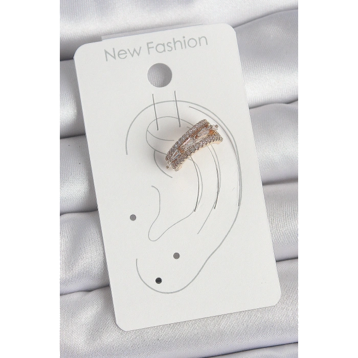 Erb Pirinç Gold Renk Zirkon Taşlı 3'Lü Sıralı Model Kadın Kıkırdak Küpe