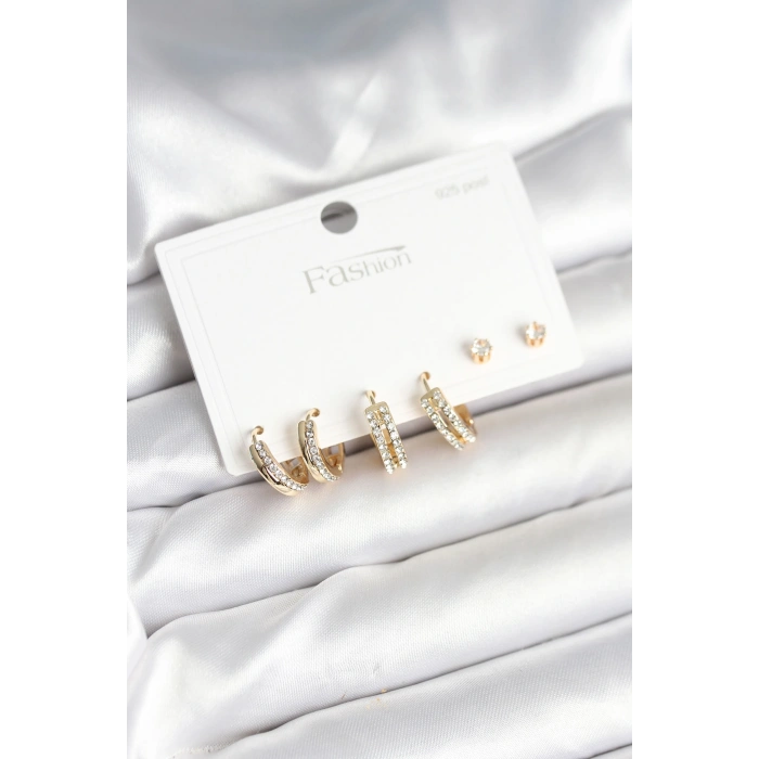 Erb Pirinç Gold Renk Zirkon Taşlı 925 Gümüş Çivili Kadın Küpe Seti