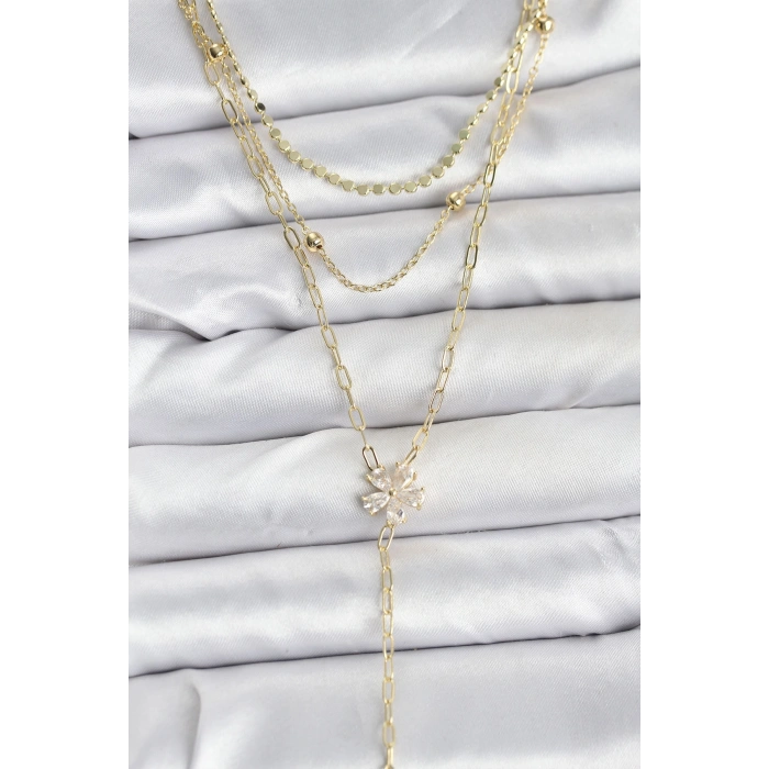 Erb Pirinç Gold Renk Zirkon Taşlı Çiçek Model Detaylı 3'lü Kombin Y Kadın Kolye