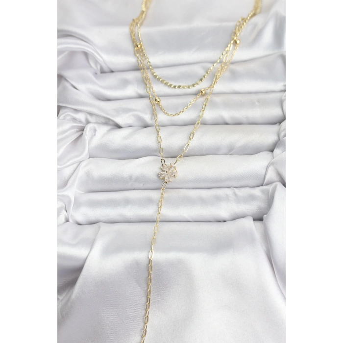 Erb Pirinç Gold Renk Zirkon Taşlı Çiçek Model Detaylı 3'lü Kombin Y Kadın Kolye