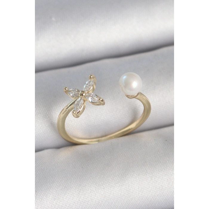 Erb Pirinç Gold Renk Zirkon Taşlı Çiçek Model İnci Detay Ayarlanabilir Kadın Yüzük