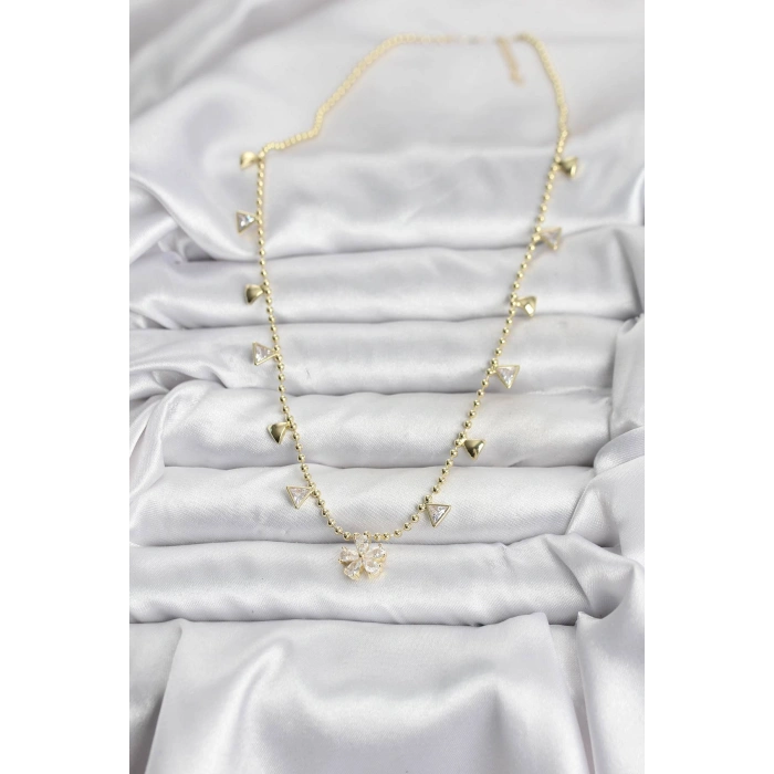 Erb Pirinç Gold Renk Zirkon Taşlı Çiçek Model Kadın Kolye