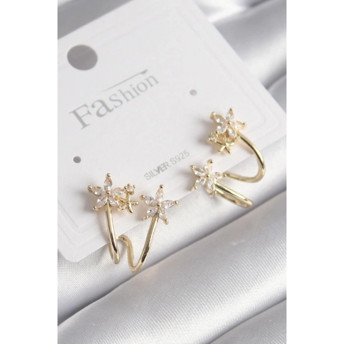 Erb Pirinç Gold Renk Zirkon Taşlı Çiçek Model Kadın Küpe