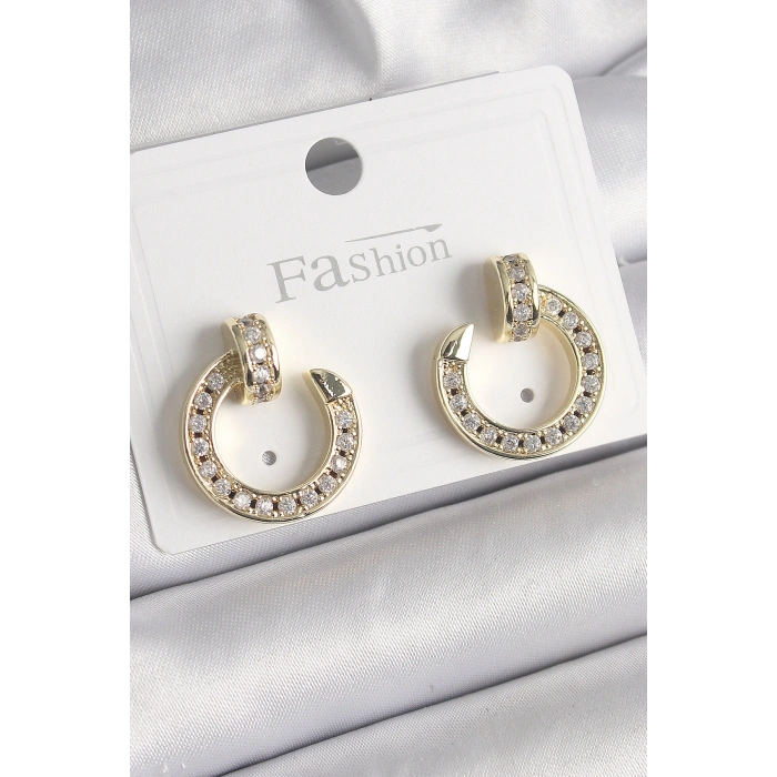 Erb Pirinç Gold Renk Zirkon Taşlı Çivi Halka Model Kadın Küpe