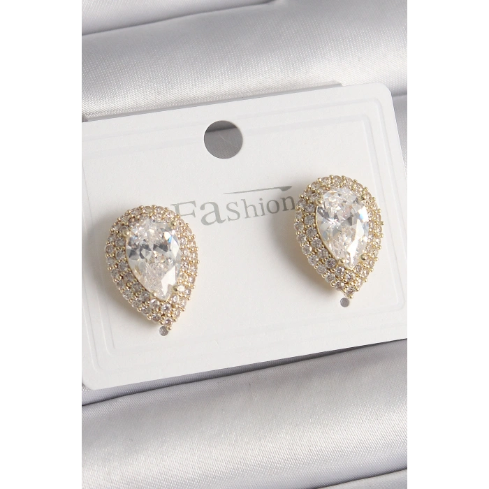 Erb Pirinç Gold Renk Zirkon Taşlı Damla Model Kadın Küpe