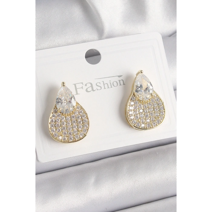 Erb Pirinç Gold Renk Zirkon Taşlı Damla Model Kadın Küpe