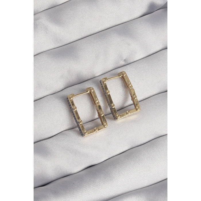 Erb Pirinç Gold Renk Zirkon Taşlı Dikdörtgen Model Seranay Küpe