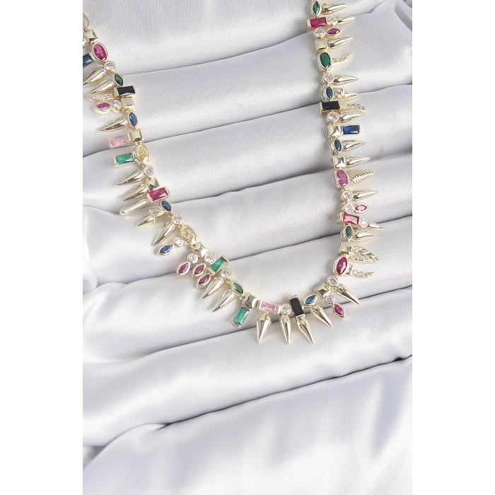 Erb Pirinç Gold Renk Zirkon Taşlı Diken Model VIP Seri Kadın Kolye