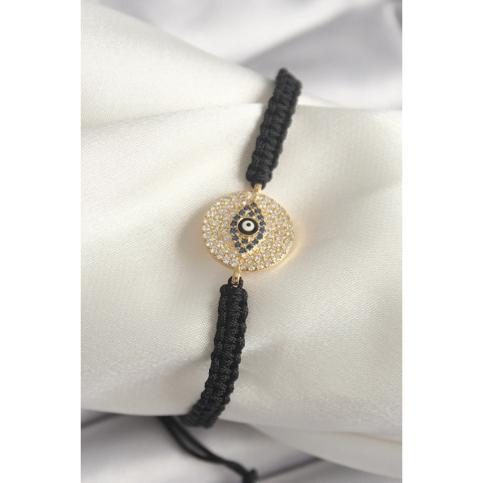 Erb Pirinç Gold Renk Zirkon Taşlı Göz İşlemeli Figür Asansörlü Makrome Model Kadın Bileklik