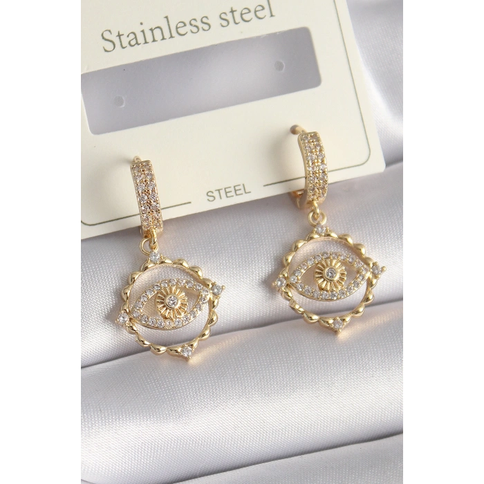 Erb Pirinç Gold Renk Zirkon Taşlı Göz Model Kadın Küpe