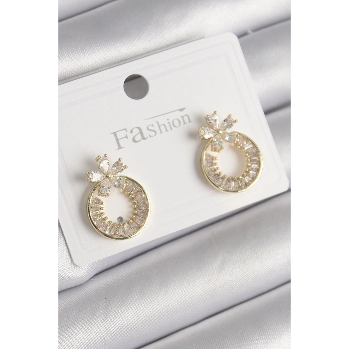 Erb Pirinç Gold Renk Zirkon Taşlı Halka Model Çiçek Figür Kadın Küpe