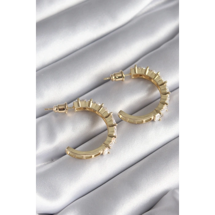 Erb Pirinç Gold Renk Zirkon Taşlı Halka Model Kadın Küpe