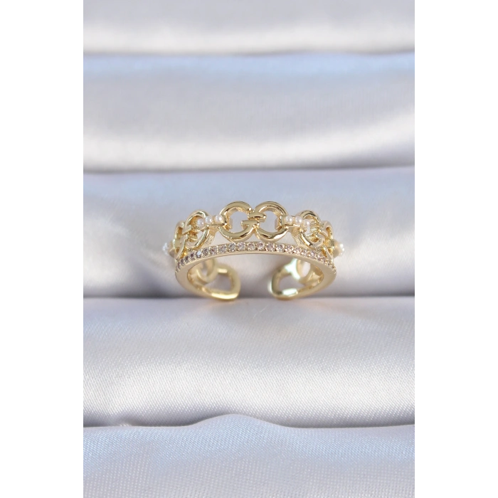 Erb Pirinç Gold Renk Zirkon Taşlı İnci Detay Kadın Yüzük