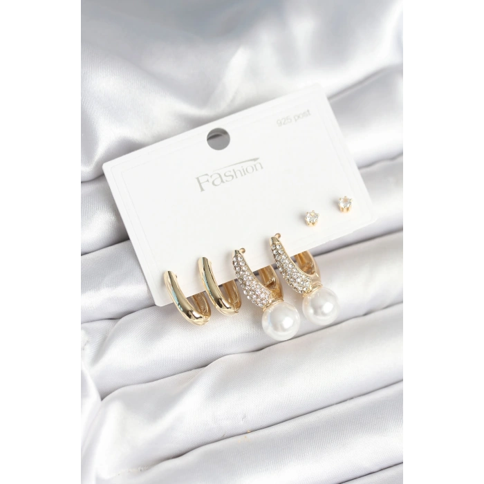 Erb Pirinç Gold Renk Zirkon Taşlı İnci Detaylı 925 Ayar Gümüş Çivili Kadın Küpe Seti