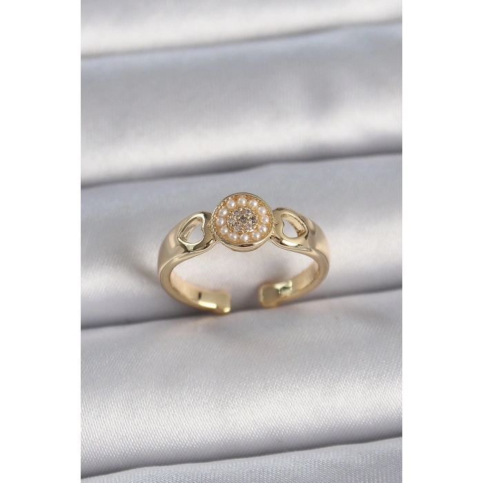 Erb Pirinç Gold Renk Zirkon Taşlı İncili Kalp İşleme Detay Ayarlanabilir Kadın Yüzük