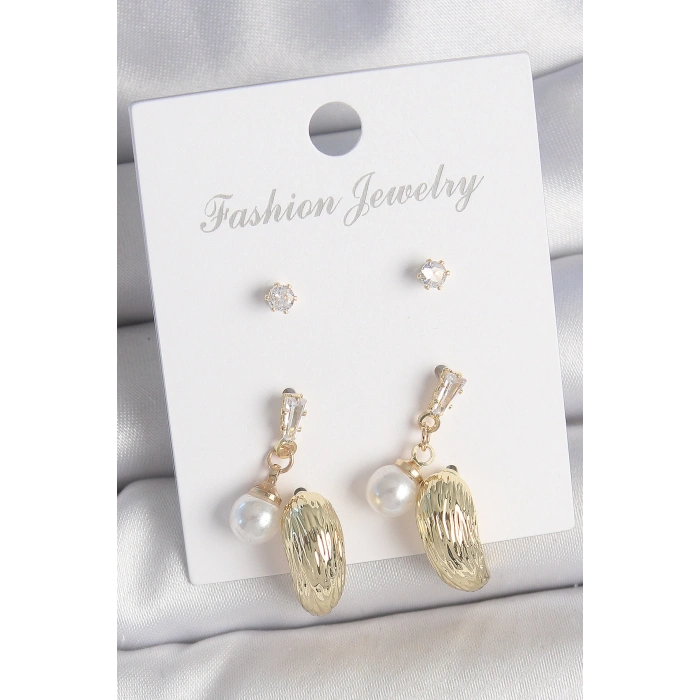 Erb Pirinç Gold Renk Zirkon Taşlı İncili Sallantılı İşlemeli Damla Model 3 Çift Kadın Küpe Seti