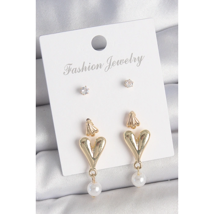 Erb Pirinç Gold Renk Zirkon Taşlı İncili Sallantılı Kalp Model 3 Çift Kadın Küpe Seti