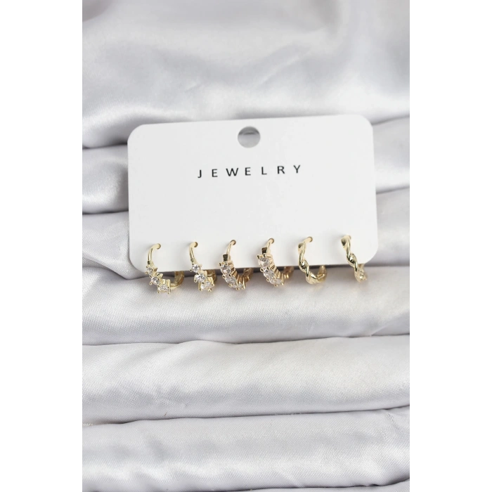 Erb Pirinç Gold Renk Zirkon Taşlı Kadın Küpe Seti