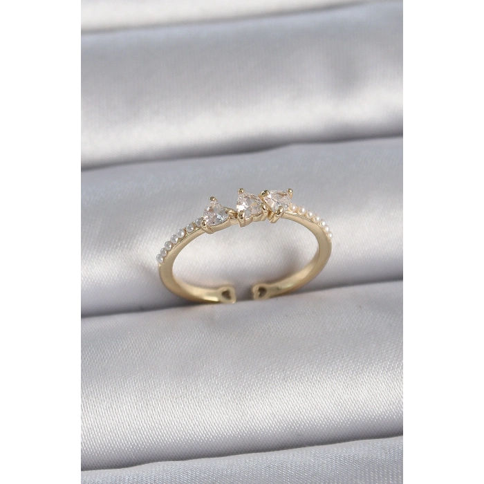 Erb Pirinç Gold Renk Zirkon Taşlı Kalp İnci Detaylı Ayarlanabilir Model Kadın Yüzük