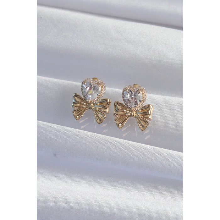 Erb Pirinç Gold Renk Zirkon Taşlı Kalp Model Fiyonk Küpe