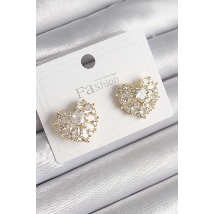 Erb Pirinç Gold Renk Zirkon Taşlı Kalp Model Kadın Küpe