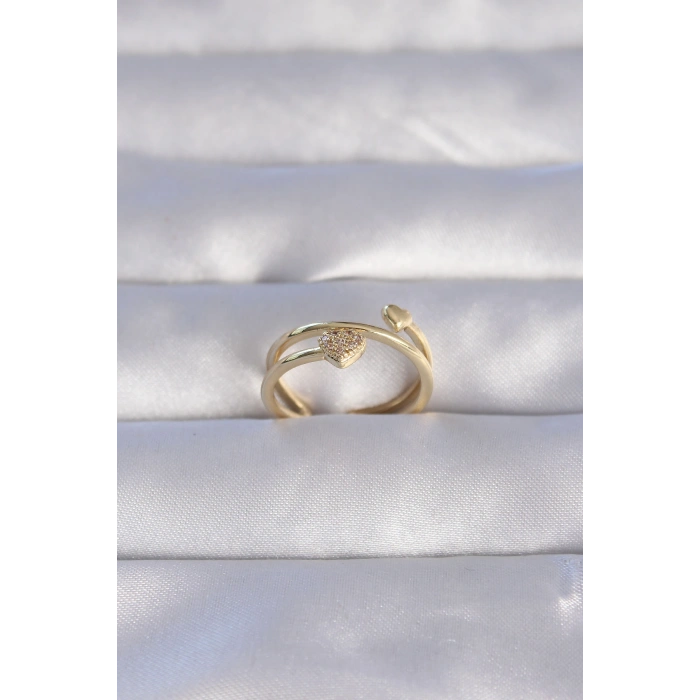 Erb Pirinç Gold Renk Zirkon Taşlı Kalpli Model Ayarlanabilir Yüzük