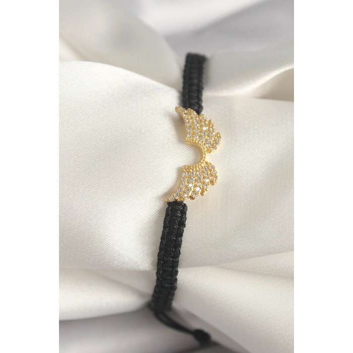 Erb Pirinç Gold Renk Zirkon Taşlı Kanat Figür Asansörlü Makrome Model Kadın Bileklik