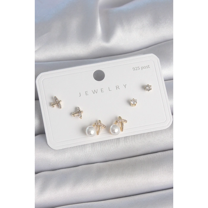 Erb Pirinç Gold Renk Zirkon Taşlı Kelebek Model İnci Detay 925 Ayar Gümüş Çivi Kadın Küpe Seti