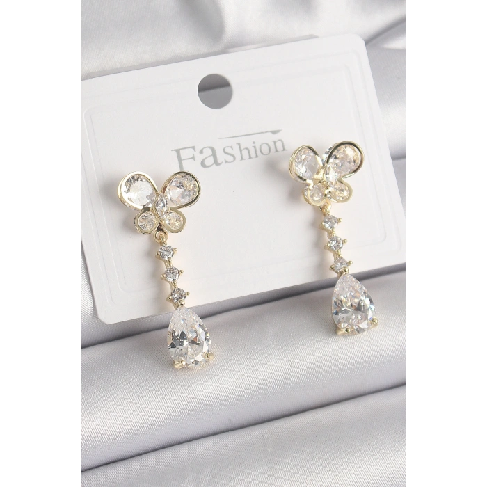 Erb Pirinç Gold Renk Zirkon Taşlı Kelebek Model Sallantı Damla Zirkon Taş Kadın Küpe