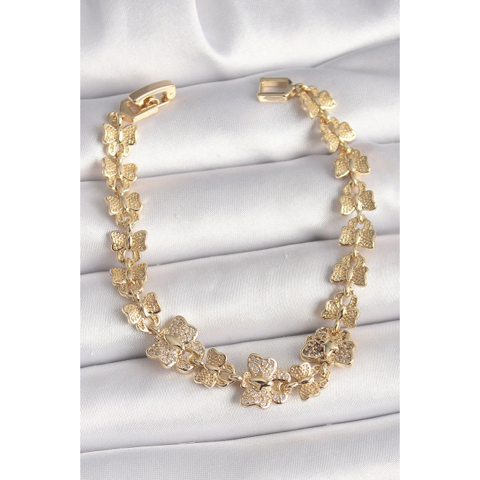 Erb Pirinç Gold Renk Zirkon Taşlı Kelebek Model Zincir Kadın Bileklik