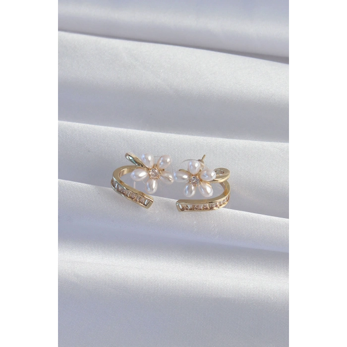 Erb Pirinç Gold Renk Zirkon Taşlı Kıvrımlı İnci Çiçek Küpe