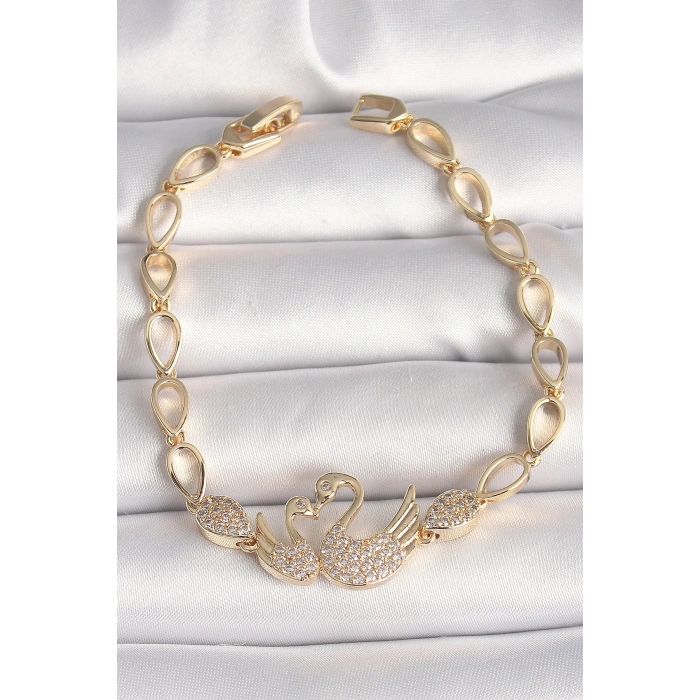 Erb Pirinç Gold Renk Zirkon Taşlı Kuğu Figür Damla Zincir Model Kadın Bileklik