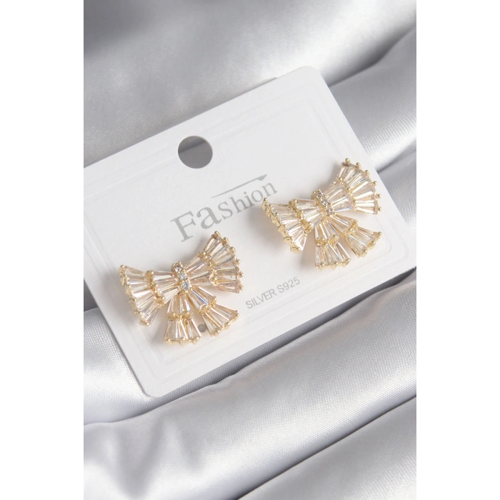 Erb Pirinç Gold Renk Zirkon Taşlı Kurdele Model Kadın Küpe