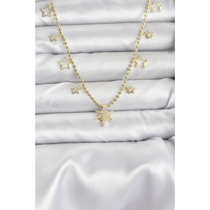 Erb Pirinç Gold Renk Zirkon Taşlı Kutup Yıldızı Model Kadın Kolye