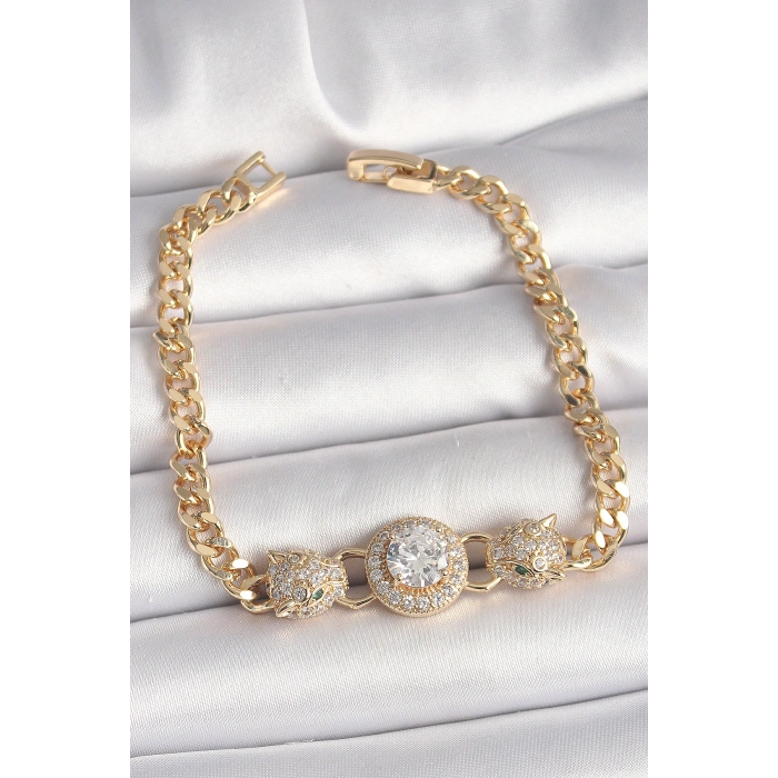 Erb Pirinç Gold Renk Zirkon Taşlı Leopar Figür Zincir Model Kadın Bileklik
