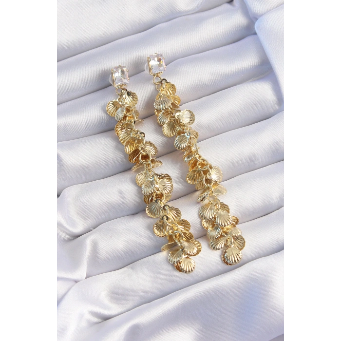 Erb Pirinç Gold Renk Zirkon Taşlı Minimal Deniz Kabuklu Sallantılı Küpe