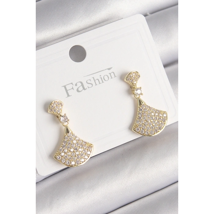 Erb Pirinç Gold Renk Zirkon Taşlı Motif Model Kadın Küpe