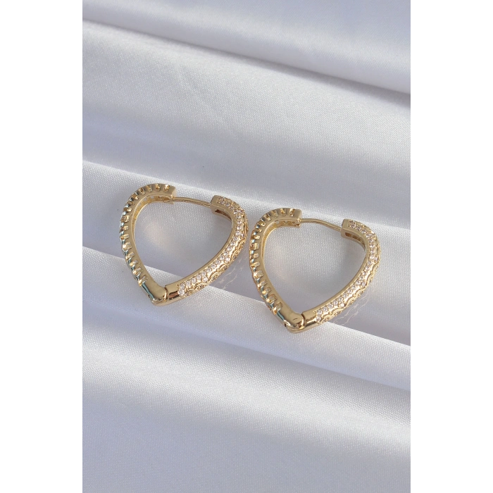 Erb Pirinç Gold Renk Zirkon Taşlı Motifli Kalp Küpe