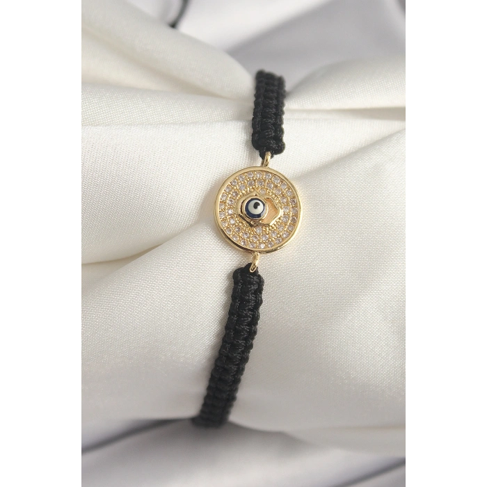 Erb Pirinç Gold Renk Zirkon Taşlı Nazar Boncuk İşleme Makrome Asansörlü Model Kadın Bileklik